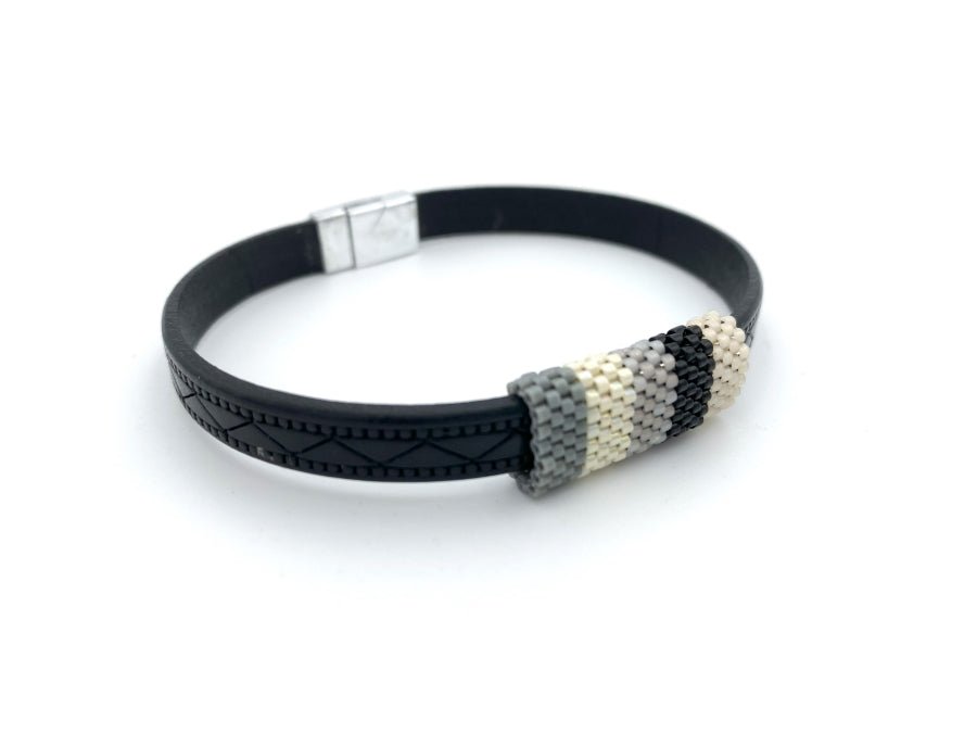 Handmade men's leather bracelet complimented with Peyote style inlay crafted from Japanese beads Miyuki - Ornamentico shop