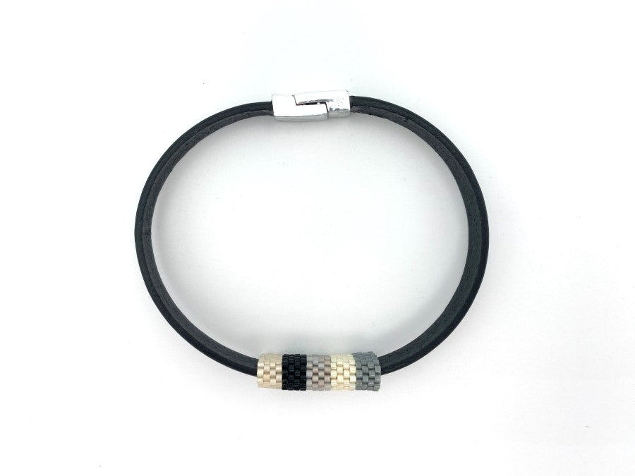 Handmade men's leather bracelet complimented with Peyote style inlay crafted from Japanese beads Miyuki - Ornamentico shop