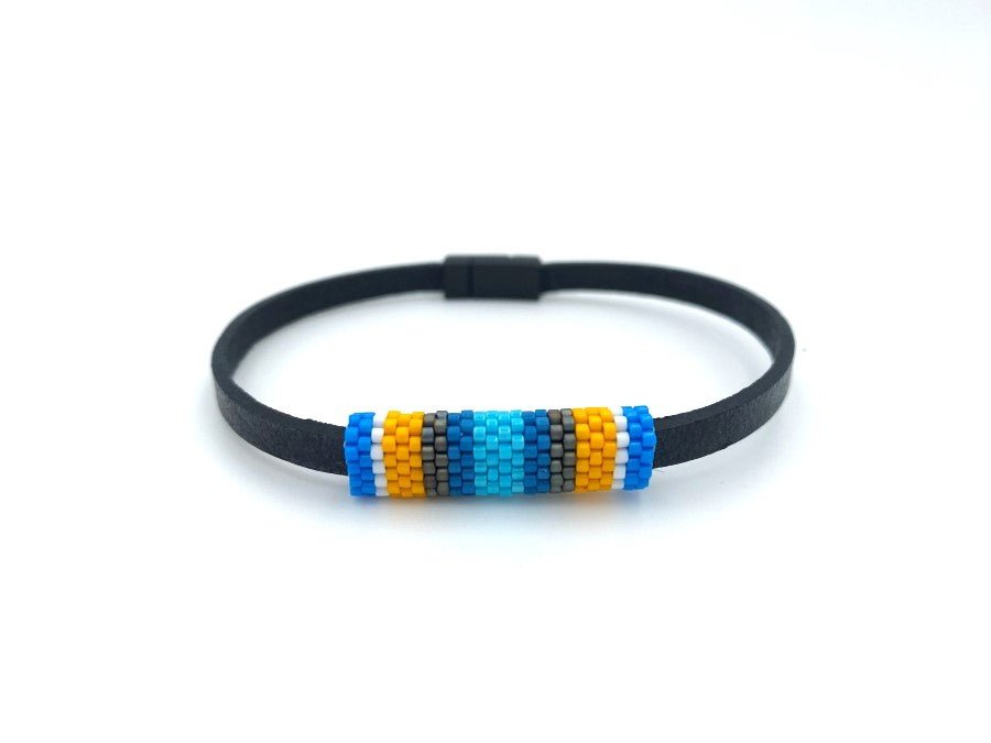 Men's bracelet from leather complimented with Peyote style inlay crafted from Japanese beads Miyuki - Ornamentico shop