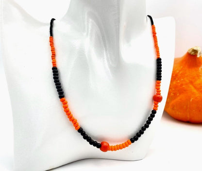 Handmade necklace from beads in black and orange colors with Halloween pumpkin beads - Ornamentico shop