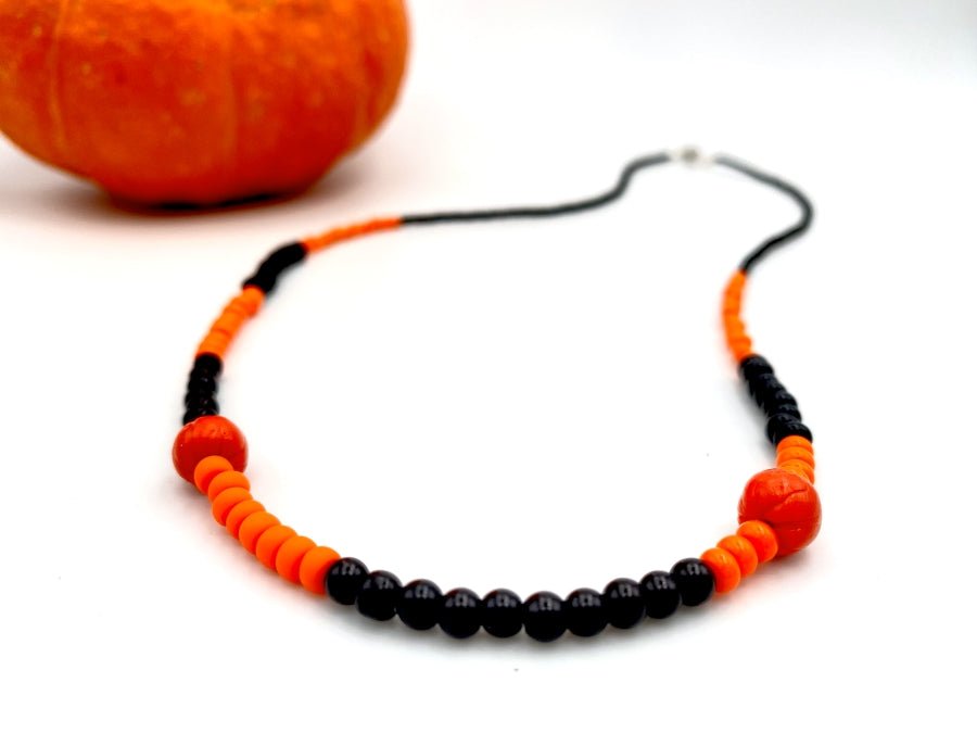 Handmade necklace from beads in black and orange colors with Halloween pumpkin beads - Ornamentico shop