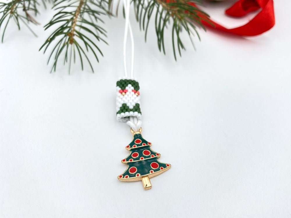 Handmade necklace is featuring elegant charm in the shape of Christmas tree accented with beaded inlay - Ornamentico shop