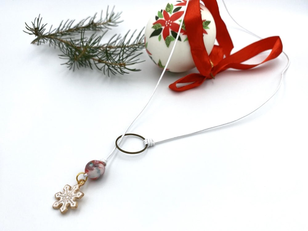 Handmade wrap necklace with enameled charm and a hand made polymer clay bead in Holiday Season colors - Ornamentico shop