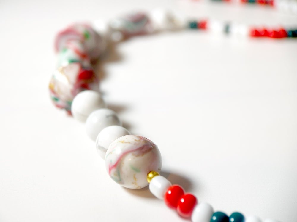 Handmade necklace crafted from handmade polymer clay beads in traditional Holiday Season colors - Ornamentico shop
