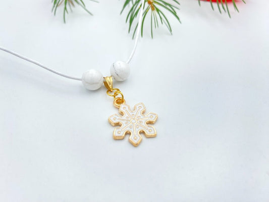 Handmade leather necklace with enameled charm in the shape of a snowflake accented with two natural stone beads - Ornamentico shop