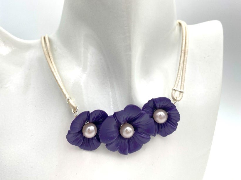 Handmade necklace with inlay in the shape of violet malva flowers decorated with river pearls - Ornamentico shop