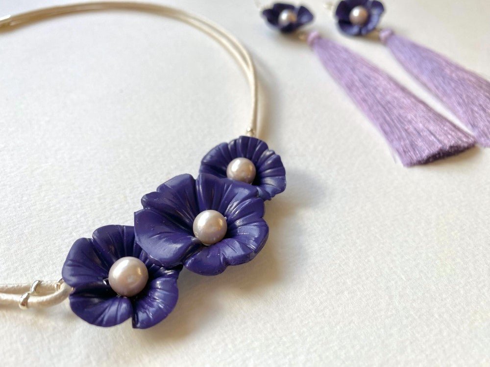 Handmade necklace with inlay in the shape of violet malva flowers decorated with river pearls - Ornamentico shop