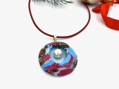 Unique large pendant crafted from custom mix of polymer clay made featuring curved front with river pearl - Ornamentico shop