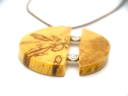 Unique handmade round wooden pendant with silver inlays. Made of carefully polished and varnished wood - Ornamentico shop