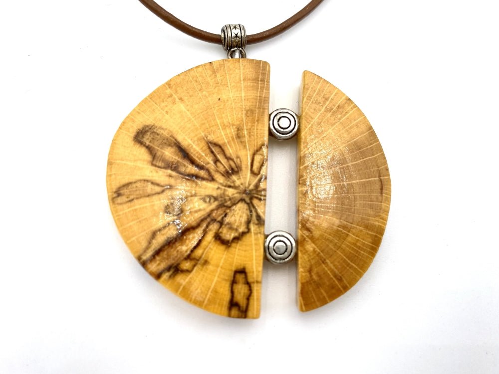 Unique handmade round wooden pendant with silver inlays. Made of carefully polished and varnished wood - Ornamentico shop