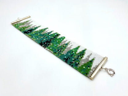 Handmade bracelet beaded from Japanese Miyuki glass beads featuring winter forest - Ornamentico shop