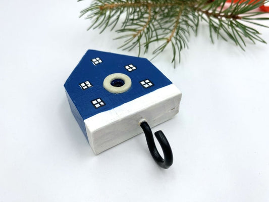Handmade wooden wall-mounted hook in the shape of a deep blue house - Ornamentico shop