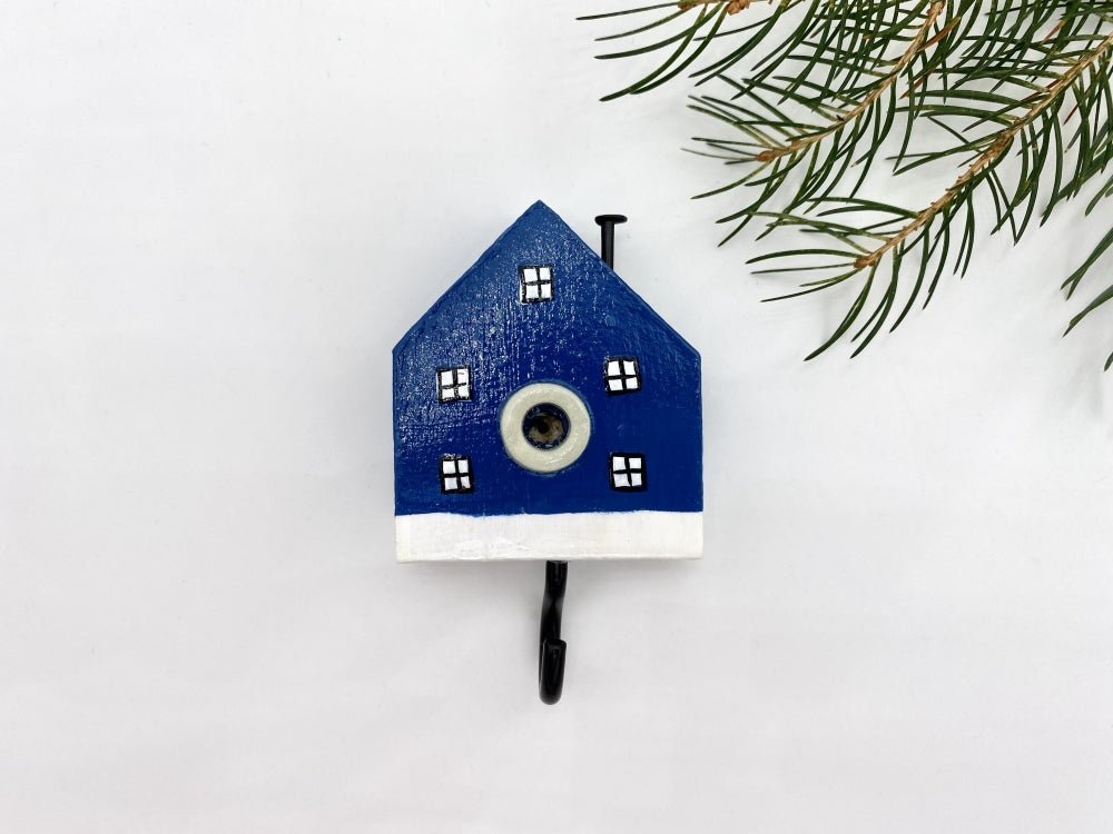 Handmade wooden wall-mounted hook in the shape of a deep blue house - Ornamentico shop