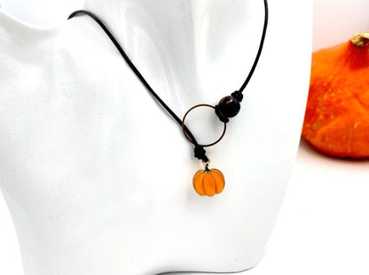 Handmade lariat wrap necklace with enameled pumpkin charm - Ornamentico shop