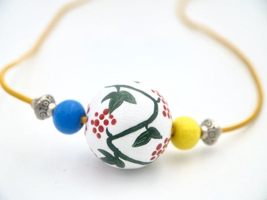 Necklace from hand painted wooden beads crafted in Boho style with beads in colors of Ukrainian flag - Ornamentico shop