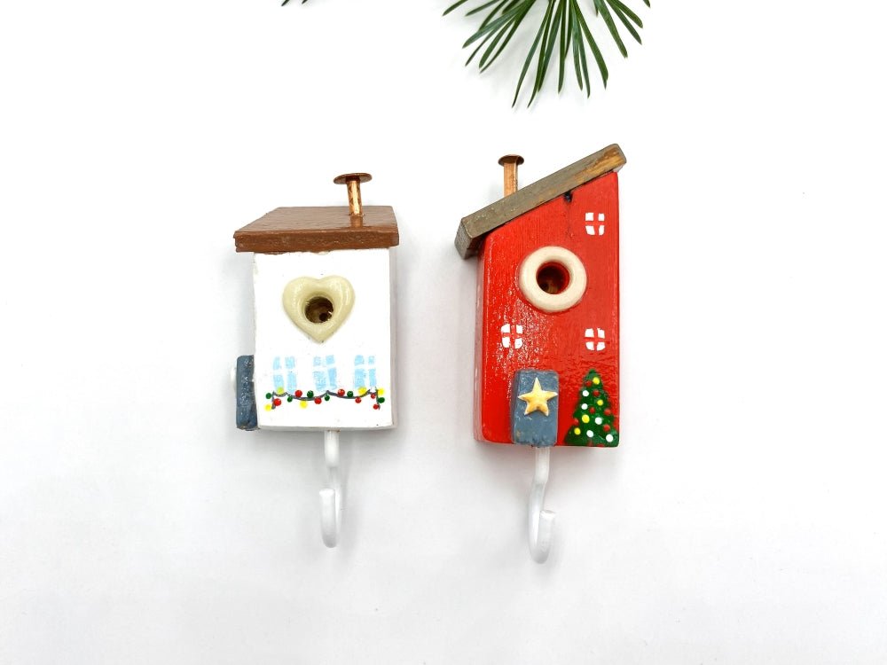 Two handmade wooden painted hooks in the shape of decorated houses - Ornamentico shop