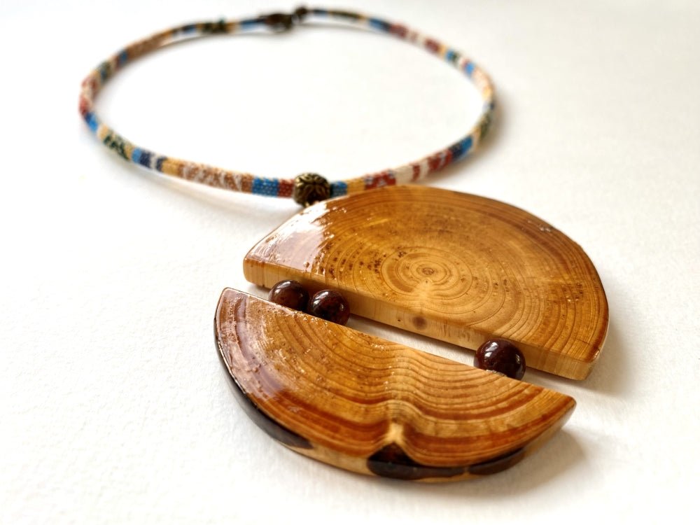 Unique large wooden pendant with mookait beads made from carefully polished wood - Ornamentico shop